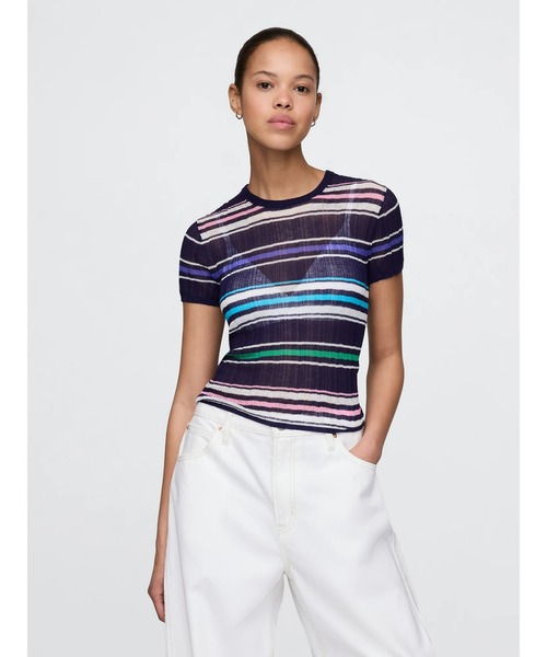 GAP tシャツ シアー ボーダー リブTシャツ レディース