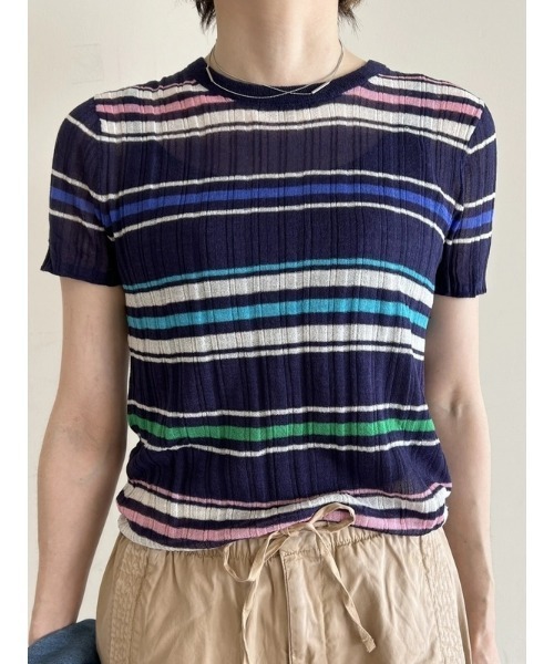 tシャツ シアーボーダーTシャツ レディース etoll. tシャツ シアーボーダークルーネックT レディース
