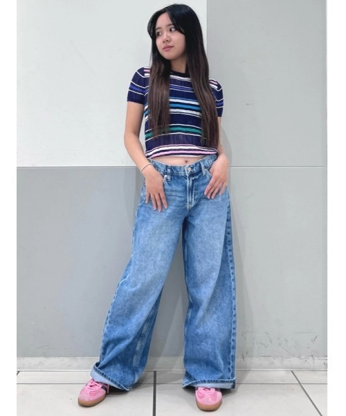 tシャツ Double Date Top シアーボーダースリーブ レディース GAP tシャツ シアー ボーダー リブTシャツ レディース