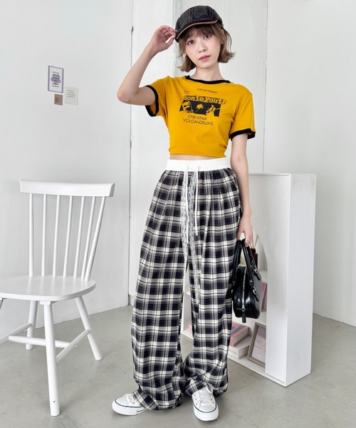 SOLLON. パンツ レイヤード風チェックパンツ レディース