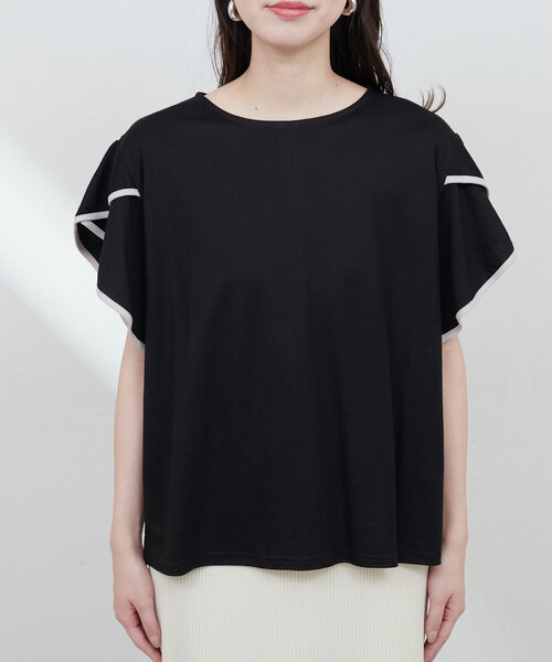 natural couture tシャツ 接触冷感配色ラッフルスリーブプル