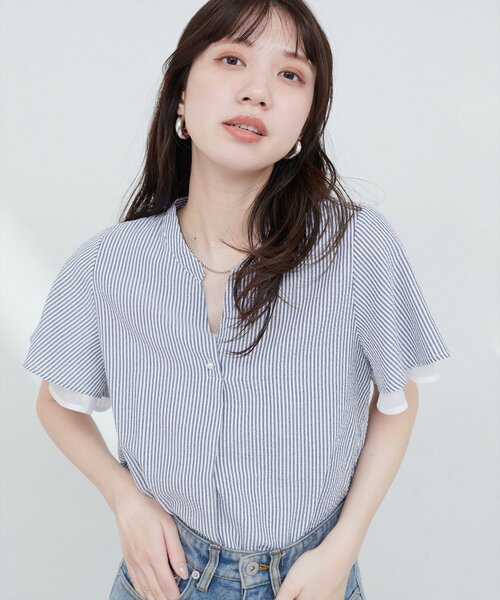 natural couture ブラウス シャツ 袖口シアーパール釦スキッパー