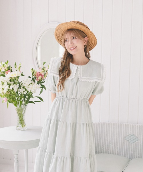 Areeam（アリーム） ワンピース 夏 半袖 スクエアカラーティアード
