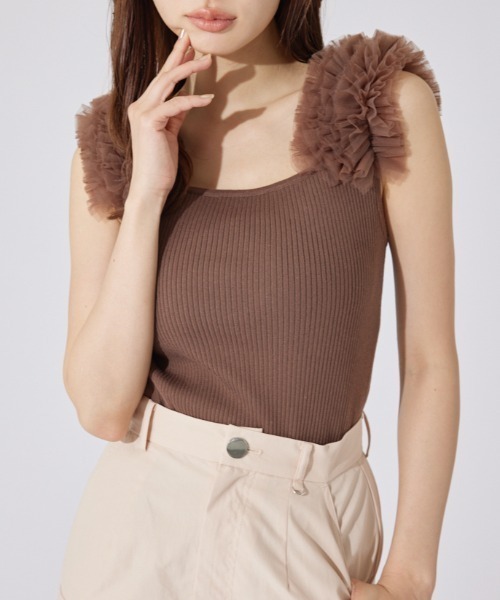 ニット セーター ショルダーチュールコンビニットトップス(2) サマーニット 夏服 ノースリーブトップス レディース