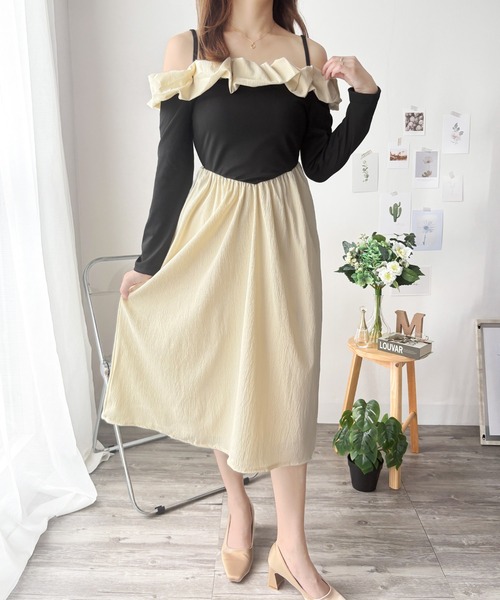 Dewlily ワンピース 肌見せがさりげなく上品にまとまる フリルオフ