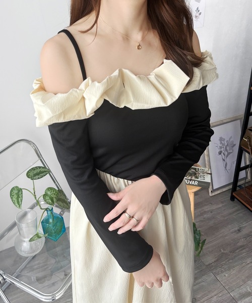 Dewlily ワンピース 肌見せがさりげなく上品にまとまる フリルオフ