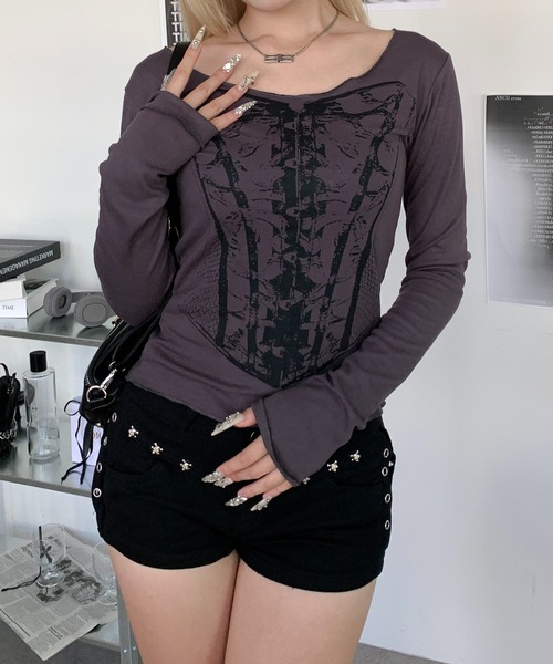 lilful tシャツ コルセットデザインプリント オフショルピチロンT