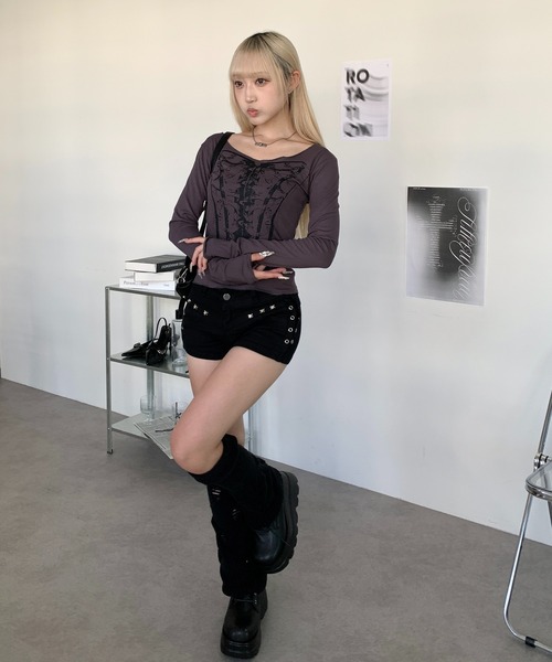 lilful tシャツ コルセットデザインプリント オフショルピチロンT