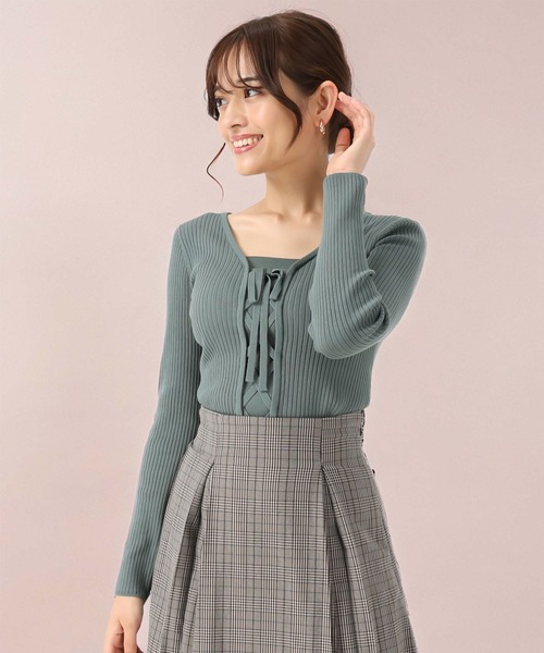 新品Misch Masch 水色グレー 長袖ニット リボン付きグレーリブ編み MISCH MASCH（ミッシュマッシュ） ニット セーター リボン編み上げ2way