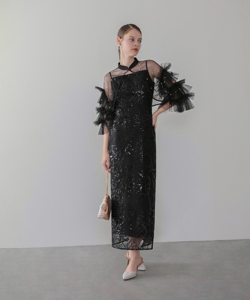 Leja 黒 チュール プリーツ ワンピース Leja（レジャ） ドレス 「LEJA」チュールフリルスリーブIライン