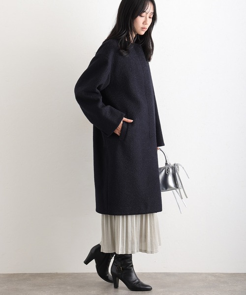 ElegChic ノーカラーコート コート フェイクウールラムライクコート