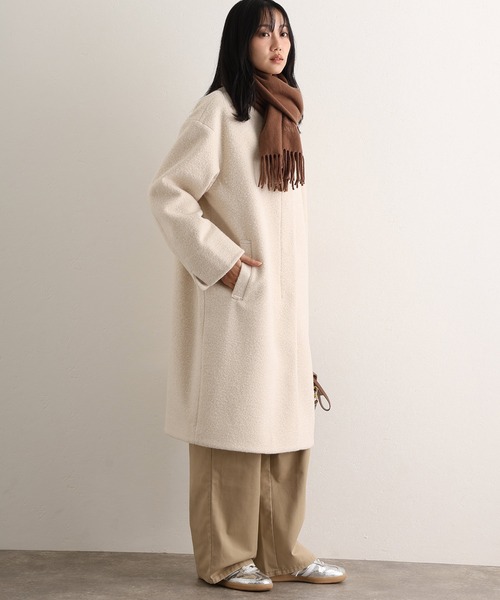 ElegChic ノーカラーコート コート フェイクウールラムライクコート