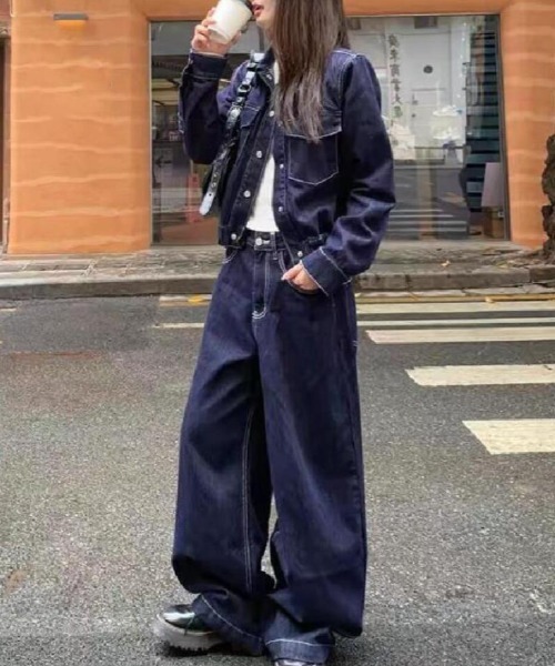 セットアップ ショートデニムジャケット ＋ ハイウエストワイドレッグ