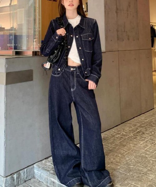 セットアップ ショートデニムジャケット ＋ ハイウエストワイドレッグ
