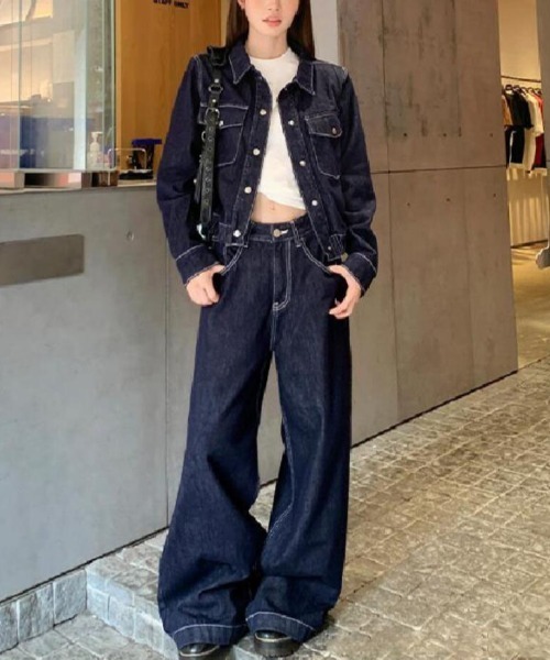 セットアップ ショートデニムジャケット ＋ ハイウエストワイドレッグ