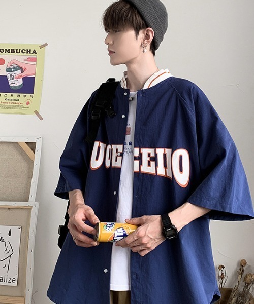 ARCHIVER シャツ 「Bl」 ルーズシルエット半袖スタジャン風シャツ