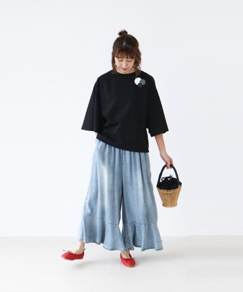 ワイドパンツ ジーンズ デニム デニムパンツ フレア裾のデザインデニムパンツ レディース | sanpo kuschel | 09