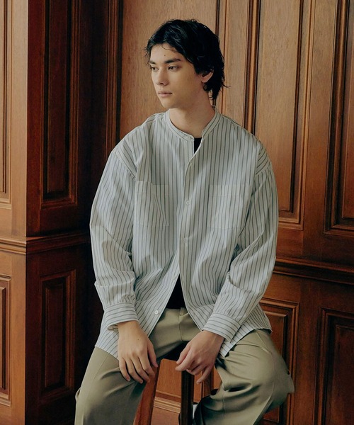 Bleme シャツ オーバーサイズ ダブルポケット バンドカラー ストライプ