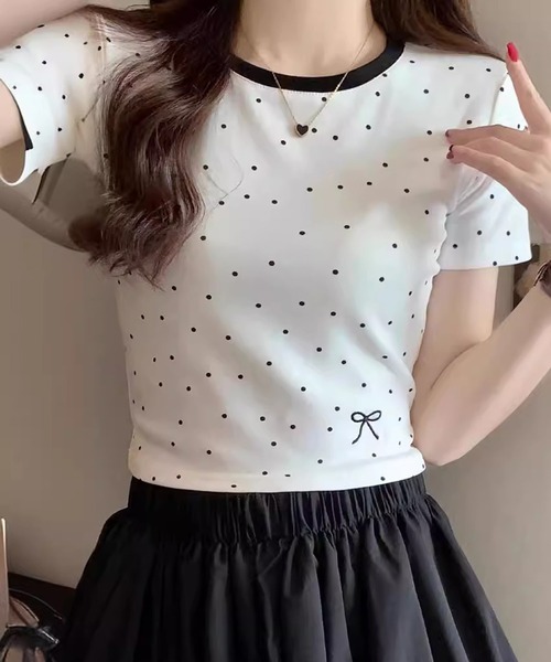 tシャツ 半袖 リボン刺繍 ドット柄 ピチ Tシャツ レディース