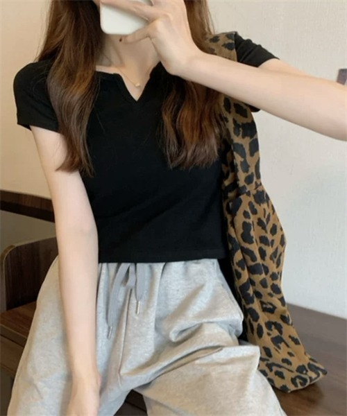FREE STYLISTS tシャツ 半袖 スリットネック ショート丈Tシャツ