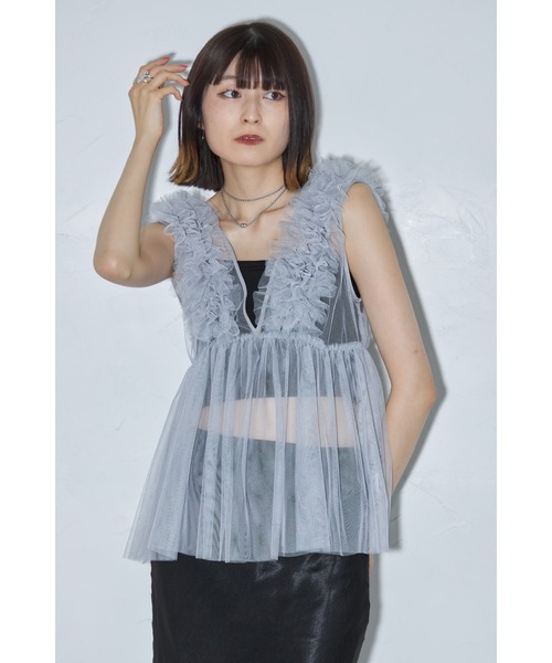 ベスト ジレ Vネックフリルチュールベスト レディース