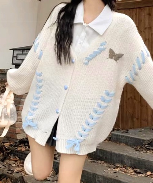 REMUR ニット セーター レースアップリボンカーディガン レディース