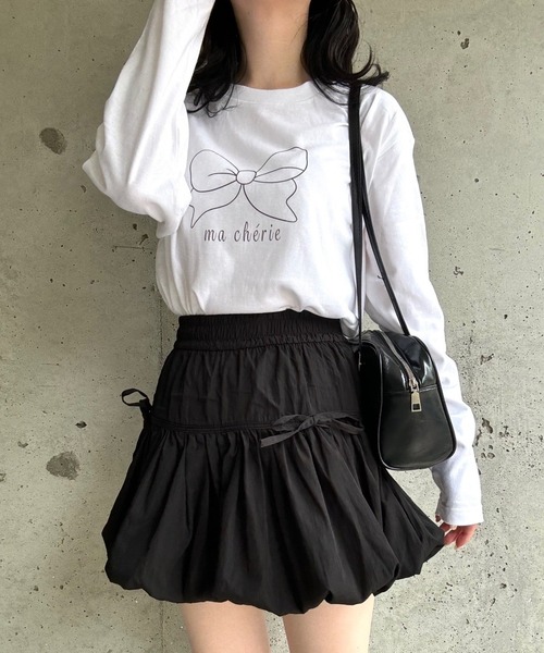 tシャツ ビッグリボンプリントロングTシャツ レディース