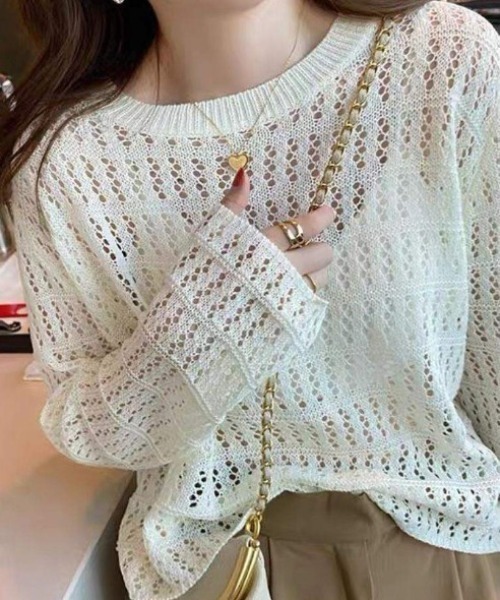 ブラウス シャツ 夏服で大人の抜け感メッシュニットクロシェット編み