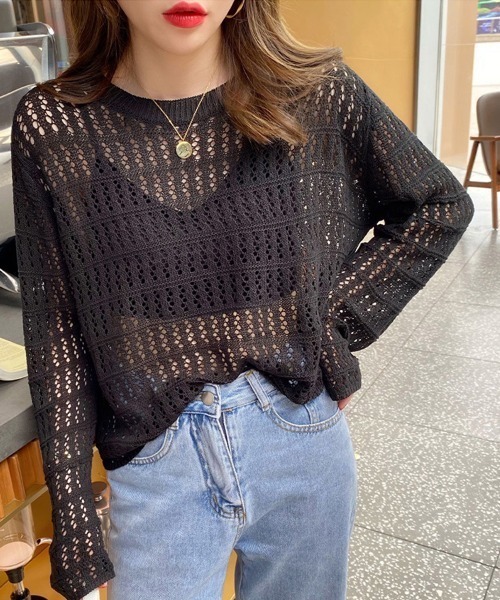 ブラウス シャツ 夏服で大人の抜け感メッシュニットクロシェット編み