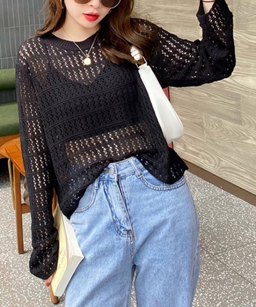 ブラウス シャツ 夏服で大人の抜け感メッシュニットクロシェット編み