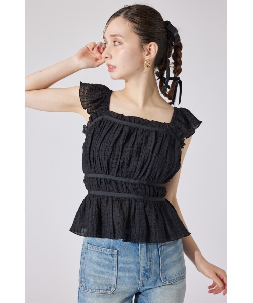 ブラウス シャツ さざ波フリル「半袖ブラウス」 レディース rienda ブラウス シャツ フリルギャザートップス 夏服