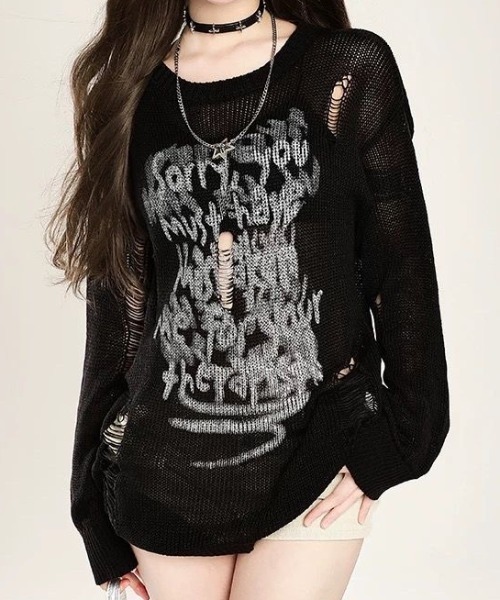 MONO8 tシャツ クラッシュメッシュロングニットトップス レディース