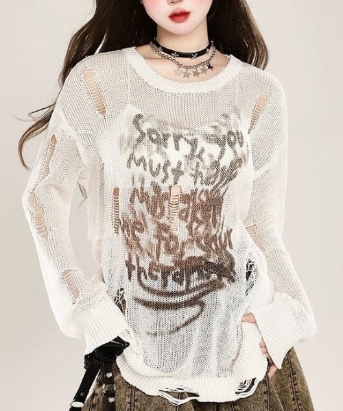 MONO8 tシャツ クラッシュメッシュロングニットトップス レディース