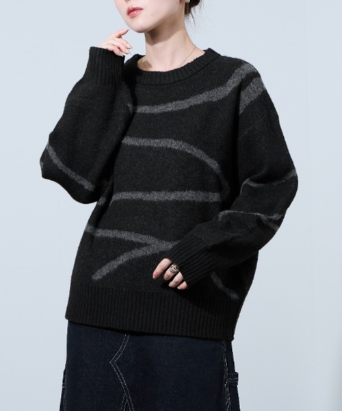 NAVY ニット セーター ニュアンスライン柄 もちりクルーネックニット