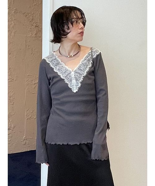 Henon. tシャツ レースVネックカットトップス レディース : ZOZOTOWN