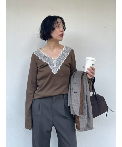 Henon. tシャツ レースVネックカットトップス レディース : ZOZOTOWN