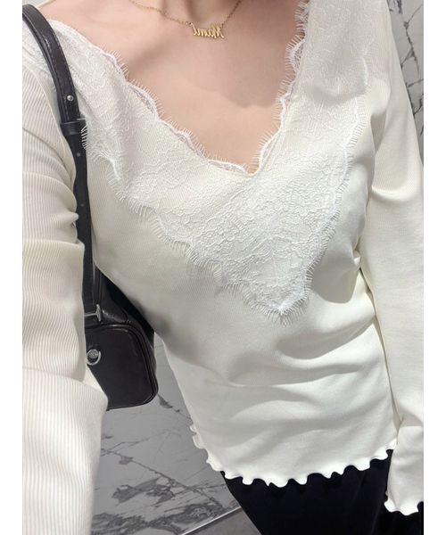 Henon. tシャツ レースVネックカットトップス レディース : ZOZOTOWN