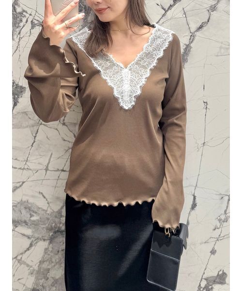 Henon. tシャツ レースVネックカットトップス レディース : ZOZOTOWN