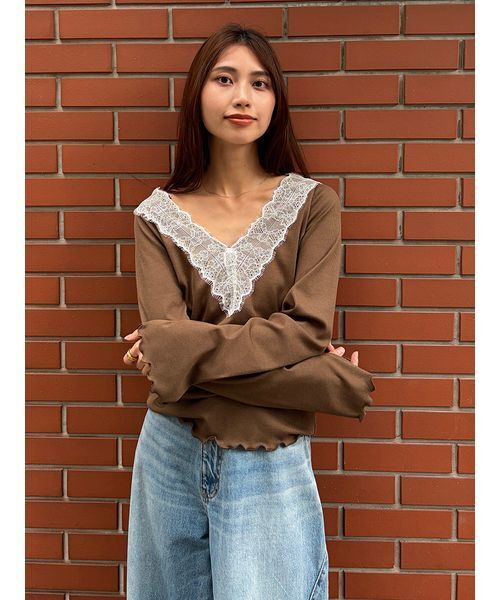 Henon. tシャツ レースVネックカットトップス レディース : ZOZOTOWN