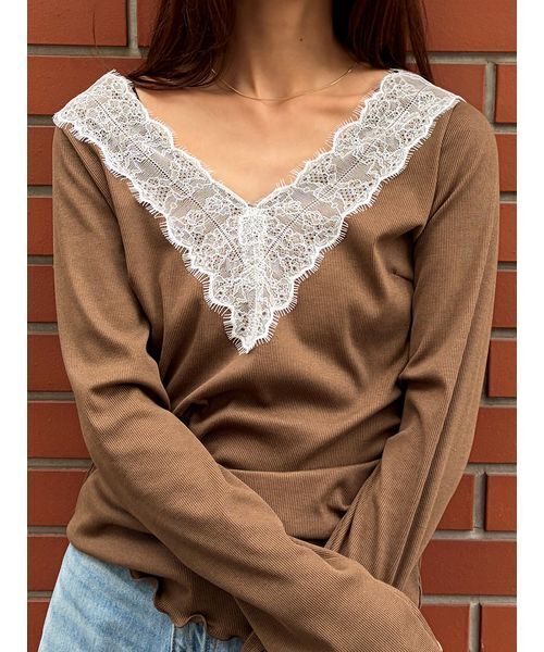 Henon. tシャツ レースVネックカットトップス レディース : ZOZOTOWN