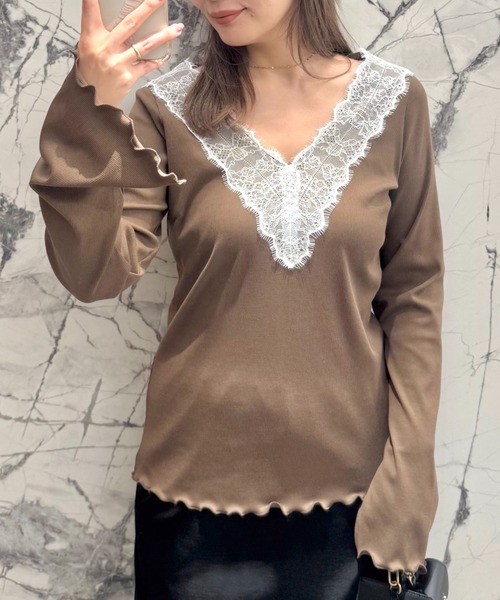 Henon. tシャツ レースVネックカットトップス レディース : ZOZOTOWN