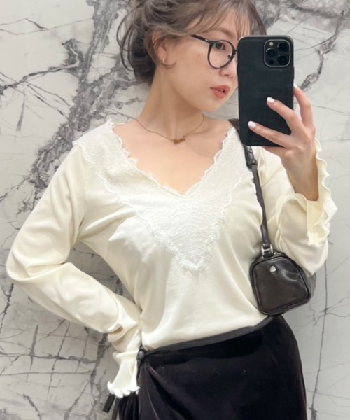 Henon. tシャツ レースVネックカットトップス レディース : ZOZOTOWN