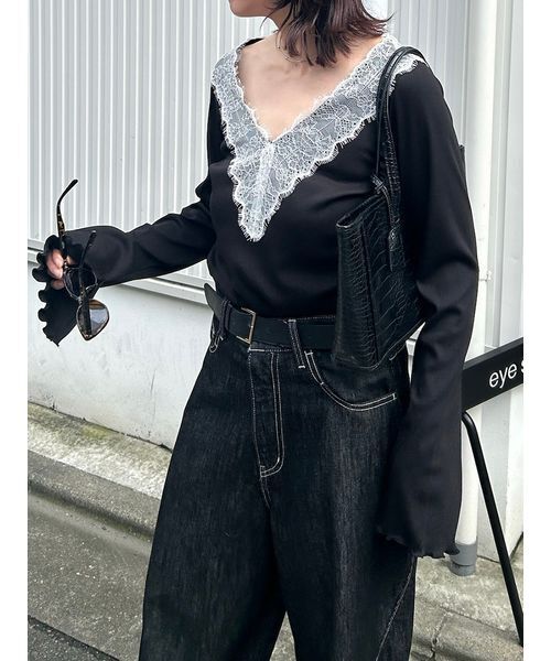 Henon. tシャツ レースVネックカットトップス レディース : ZOZOTOWN
