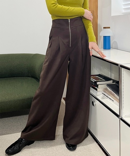 ワイドパンツ パンツ フロントジップハイウエストワイドパンツ