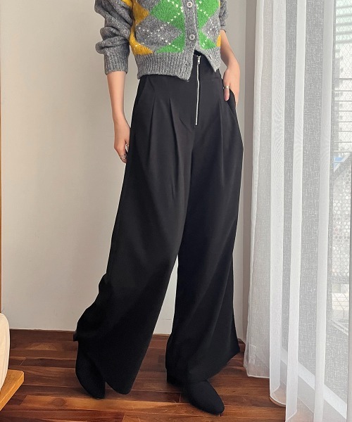 ワイドパンツ パンツ フロントジップハイウエストワイドパンツ