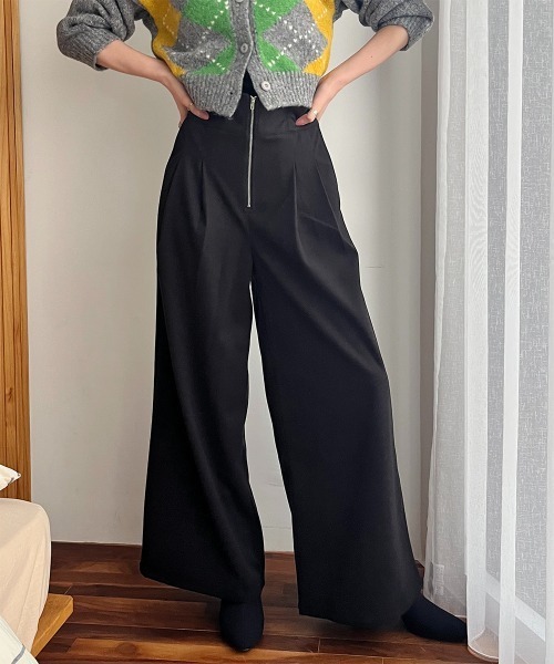 ワイドパンツ パンツ フロントジップハイウエストワイドパンツ 