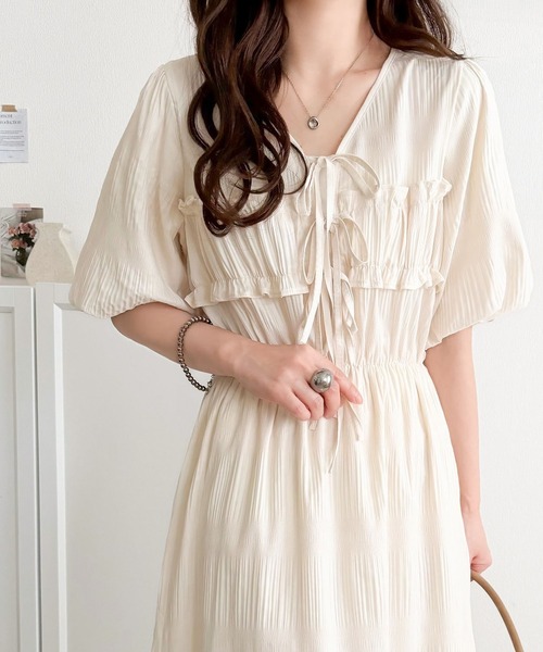 アイボリー フリル リボン 半袖 ロングワンピース mily bilet ワンピース 「mily bilet」1枚で華やぐ♪揺れ感シアー