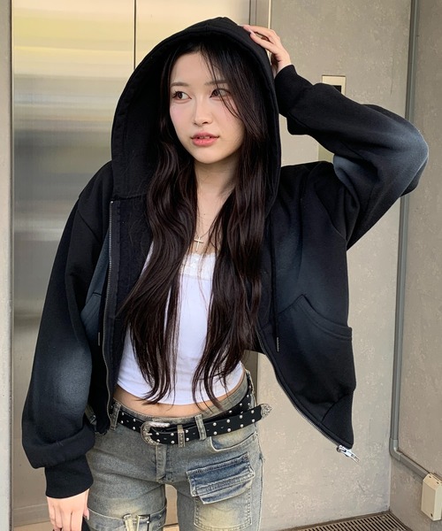 lilful パーカー 裏起毛 スプレー加工 ショート丈 ダブルジップ