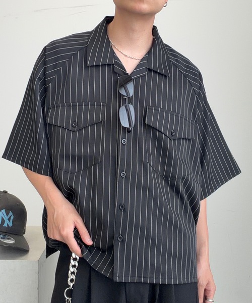 MandO（エムオー） シャツ 半袖 オープンカラーストライプシャツ