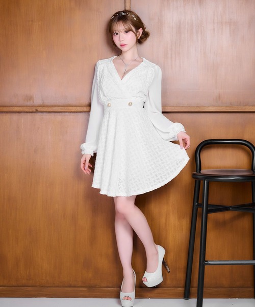 キャバ ドレス ワンピ Tika（ティカ） ドレス キャバドレス ミディアム フレア 長袖 シフォン